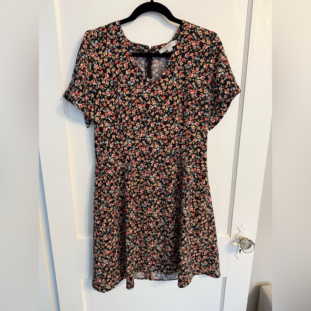 LOFT Floral Tie Sleeve Pocket Flare Dress